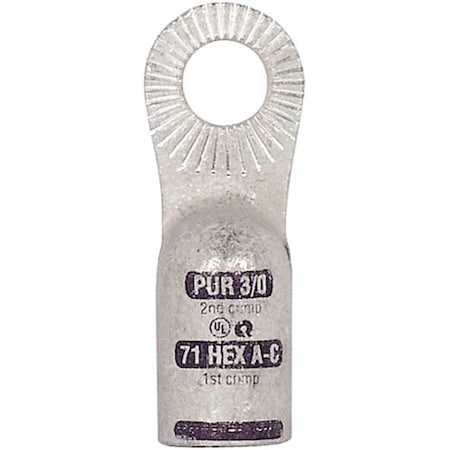 Quickcable One-Hole Compression Lug, 3/0 AWG Max, 3/8 in Stud, Standard Barrel, Copper, Purple 4930-525-001F