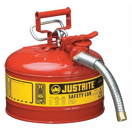 Justrite Type II Safety Can, AccuFlow(TM), Galvanized Steel, 2.5 gal, 1 in Metal Hose, Red, Flammables 7225130