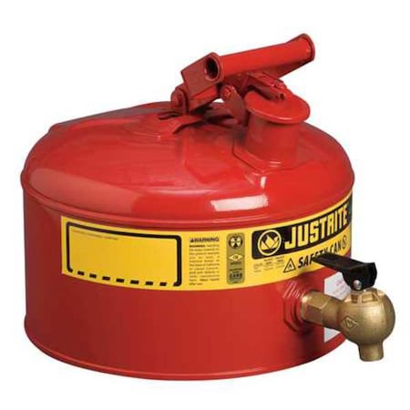 Justrite Type I Safety Can, Galvanized Steel, 2.5 gal, Bottom Mount Flow-Control Faucet, Flammables 7225140