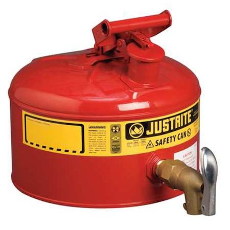 Justrite Type I Safety Can, Galvanized Steel, 2.5 gal, Rigid Bottom Brass Faucet, Red, Flammables 7225150