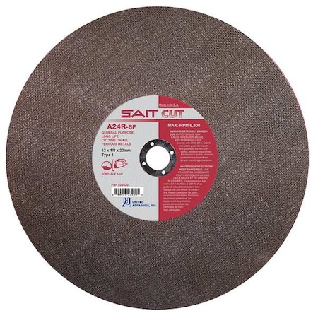 United Abrasives/Sait Abrasive Cut-Off Wheel, Type 1, 14 in Dia, 0.125 in Thick, 1 in Arbor Hole Size, Aluminum Oxide 23450