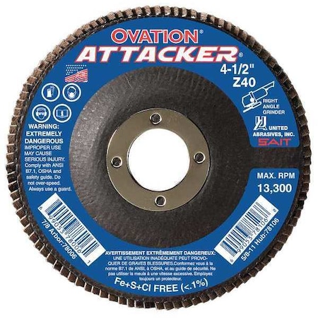 United Abrasives/Sait SAIT 76208 Ovation Attacker High Density Fiberglass Backed Flap Disc (Type 27) 4-1/2" x 7/8", 60 Grit 76208