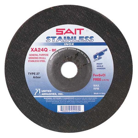 United Abrasives/Sait Depressed Center Grinding Wheel, Type 27, 6 in Dia, 0.25 in Thick, 7/8 in Arbor Hole Size, 24 Grit 24220
