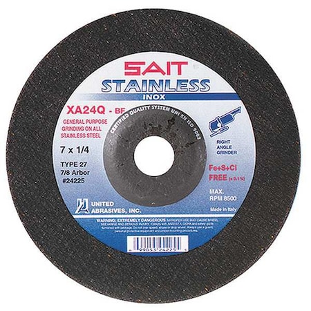 United Abrasives/Sait Depressed Center Grinding Wheel, Type 27, 7 in Dia, 0.25 in Thick, 7/8 in Arbor Hole Size, 24 Grit 24225