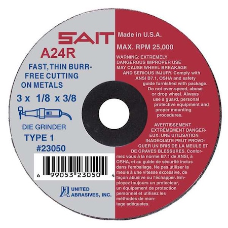 United Abrasives/Sait Abrasive Cut-Off Wheel, Type 1, 3 in Dia, 0.125 in Thick, 3/8 in Arbor Hole Size, Aluminum Oxide 23060
