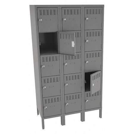 Tennsco Box Locker, 36 in W, 18 in D, 66 in H, (3) Wide, (5) Tier, Gray BS5-121812-3MG