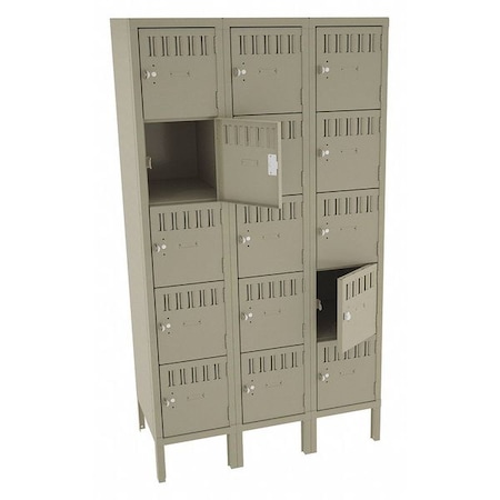 Tennsco Box Locker, 36 in W, 18 in D, 66 in H, (3) Wide, (5) Tier, Sand BS5-121812-3SD