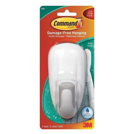 COMMAND Bathroom Hook, Molded Plastic, 2-1/4 In 17600B