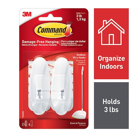 Command Hook, Molded Plastic, 1-1/8 In, PK2 17068