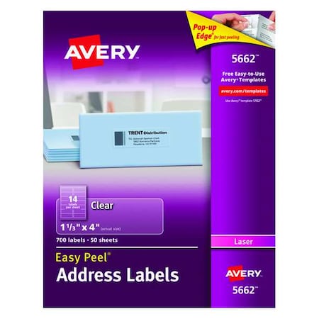 Avery Laser Label, 4 in Label W, 1 1/3 in Label H, 14 Labels per Sheet Clear 727825662