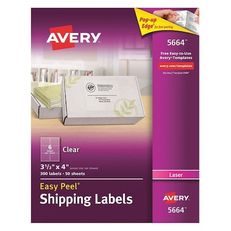 Avery Laser Label, 4 in Label W, 3 1/3 in Label H, 6 Labels per Sheet Clear 727825664