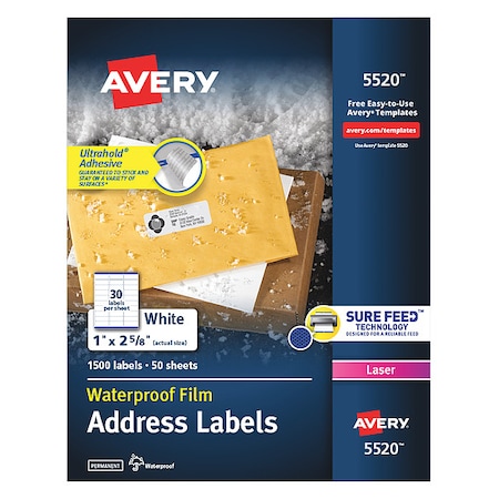 AVERY Avery® WeatherProof™ Mailing Labels with TrueBlock® Technology for Laser Printers 5520, 1" x 2-5/8", 1500PK AVE5520