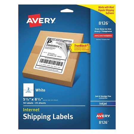 AVERY Avery® Internet Shipping Labels with TrueBlock® Technology for Inkjet Printers 8126, 5-1/2" x 8-1/2", 50 Labels 727828126