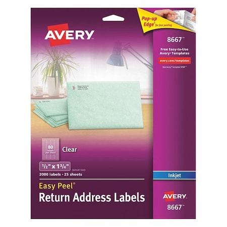 AVERY Avery® Clear Easy Peel® Return Address Labels for Inkjet Printers 8667, 1/2" x 1-3/4", Pack of 2,000 727828667