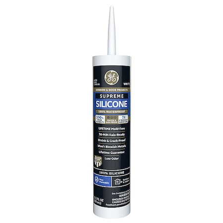 Ge Silicone Sealant, 10 oz, Cartridge, White, Silicone Base, Supreme Silicone 2814819