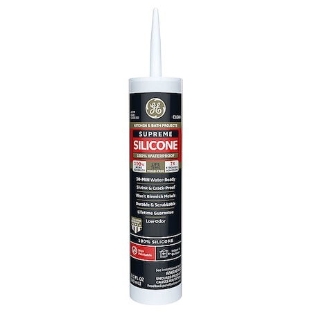Ge Silicone Sealant, 10 oz, Cartridge, Clear, Silicone Base, Supreme Silicone 2822051