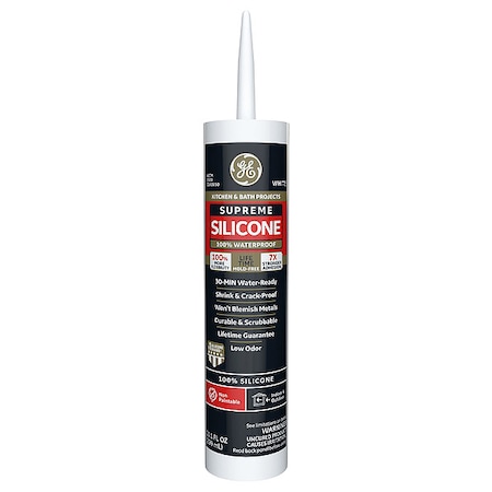 Ge Silicone Sealant, 10 oz, Cartridge, White, Silicone Base, Supreme Silicone 2821640