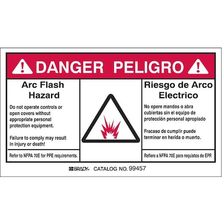 Brady Arc Flash Protection Label, 3 1/2 in Height, 5 in Width, Polyester, Horizontal Rectangle 99457