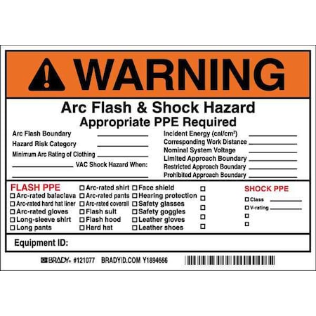 Brady Arc Flash Protection Label, 5 In. H, PK5, 121077 121077