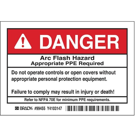 Brady Arc Flash Protection Label, PK5, 99455 99455