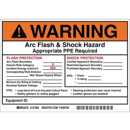 Brady Vinyl Arc Flash & Shock Protection Label, 5"H X 7" W, PK5 121083