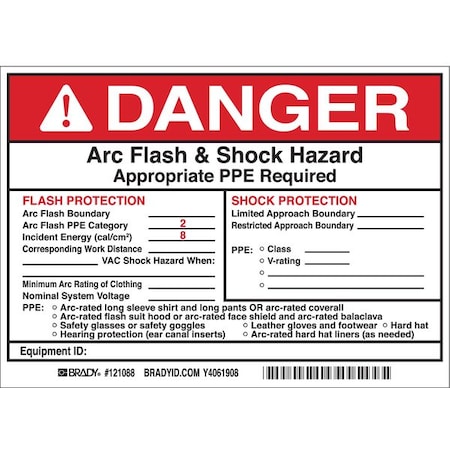 Brady Arc Flash Protection Label, 5 In. H, PK5, 121088 121088
