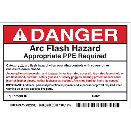 Brady Arc Flash Protection Label, 6 In. W, PK5 121108