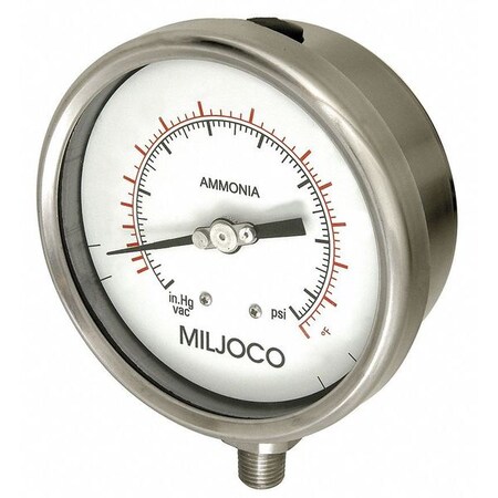 Miljoco Compound Gauge, -30 to 0 to 300 In. Hg/psi, 1/4" MNPT, Stainless Steel, Silver PSF2598L008SSA