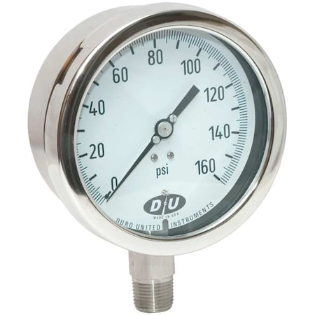 Duro Industrial Pressure Gauge, 0 to 160 psi, 4 1/2 in Dial, 1/2 in NPT, Bottom Location 4207-0633-CERT