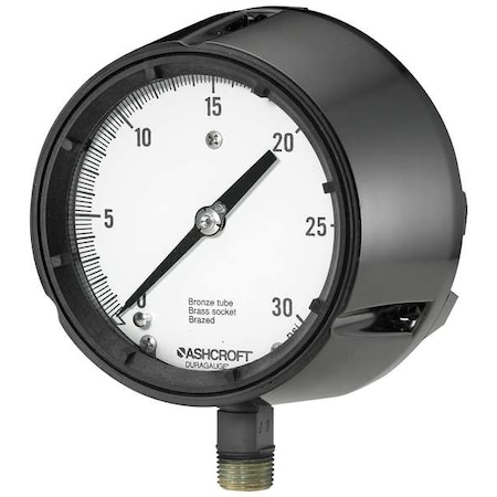 Ashcroft Process Pressure Gauge, 0 to 30 psi, 4 1/2 in Dial, 1/2 in NPT, Bottom Location 451279AS04L30#