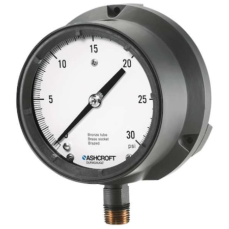 Ashcroft Process Pressure Gauge, 0 to 30 psi, 4 1/2 in Dial, 1/2 in NPT, Bottom Location 451379ASL04L30#