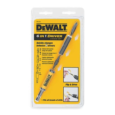 Dewalt 4PC 6 IN 1 DRIVER #2PH/#8SL - #2SQ/#1SQ 1/4" Nutsetter, 5/16" Nutsetter DW2330