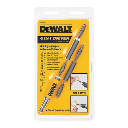 Dewalt 6 in 1 Flip and Switch Driver System, 7 Pieces, Phillips, Slotted, Square, Torx DW2336