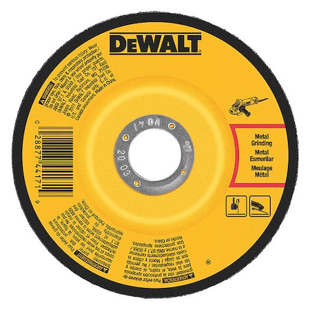 Dewalt Depressed Center Grinding Wheel, Type 27, 6 in Dia, 0.25 in Thick, 7/8 in Arbor Hole Size, 24 Grit DW4545