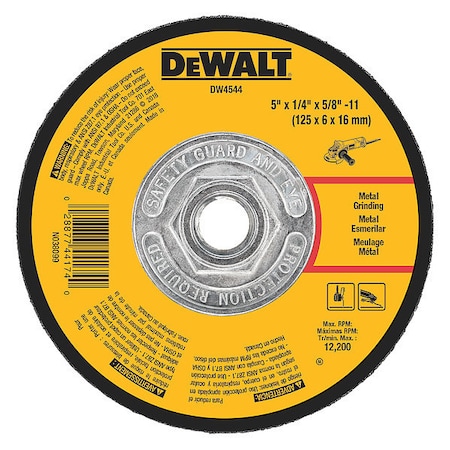 Dewalt Depressed Center Grinding Wheel, Type 27, 5 in Dia, 0.25 in