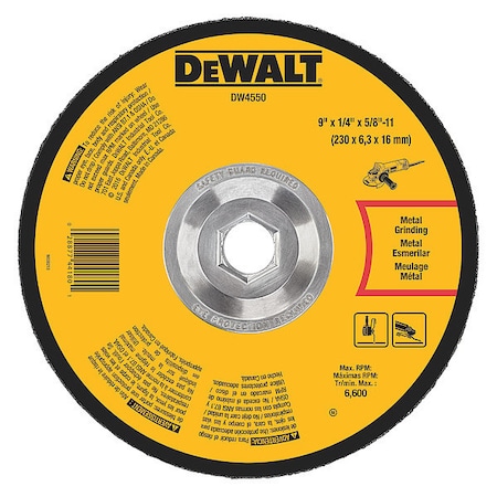 Dewalt Depressed Center Grinding Wheel, Type 27, 9 in Dia, 0.25 in Thick, 5/8"-11 Arbor Hole Size, 24 Grit DW4550
