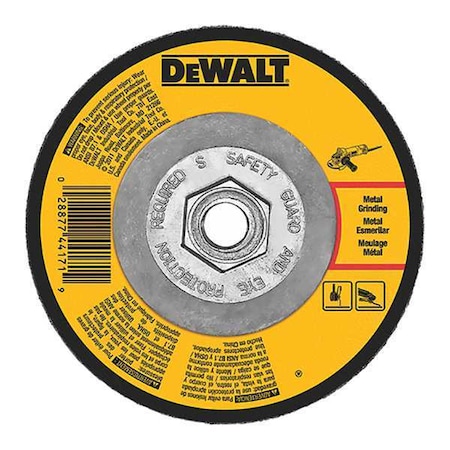 Dewalt Depressed Center Grinding Wheel, Type 27, 6 in Dia, 0.25 in Thick, 5/8"-11 Arbor Hole Size, 24 Grit DW4546