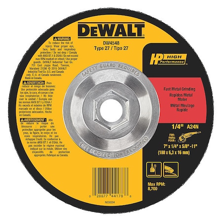 Dewalt Depressed Center Grinding Wheel, Type 27, 7 in Dia, 0.25 in Thick, 5/8"-11 Arbor Hole Size, 24 Grit DW4548