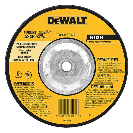 Dewalt Cut-Off & Grinding Wheel, Type 27, 6 in Dia, 0.125 in Thick, 5/8"-11 Arbor Hole Size, 24 Grit DW8438