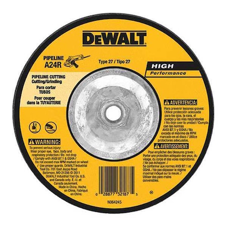 Dewalt Cut-Off & Grinding Wheel, Type 27, 5 in Dia, 0.125 in Thick, 5/8"-11 Arbor Hole Size, 24 Grit DW8436