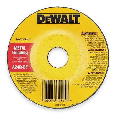 Dewalt Depressed Center Grinding Wheel, Type 27, 4 1/2 in Dia, 0.25 in Thick, 5/8"-11 Arbor Hole Size DW8809