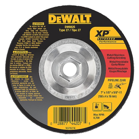 Dewalt Cut-Off & Grinding Wheel, Type 27, 7 in Dia, 0.125 in Thick, 5/8"-11 Arbor Hole Size, 24 Grit DW8825