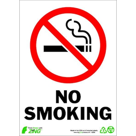 Zing No Smoking Sign, 14 in H, 10" W, Plastic, Rectangle, English, 2085 2085