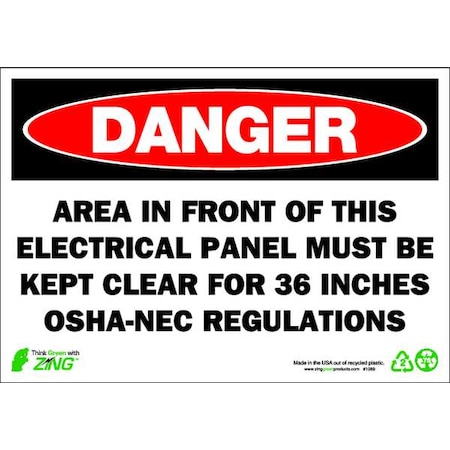 Zing DANGER Sign, Electrical, 7X10", Plastic 1089