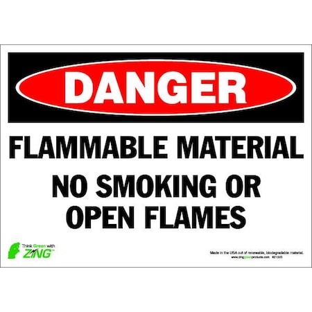 Zing Danger No Smoking Sign, 10" H, 14 in W, Polyester, Rectangle, English, 2100S 2100S