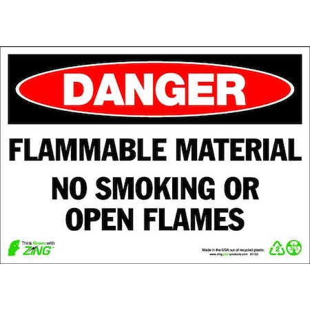 Zing Danger No Smoking Sign, 7" H, 10" W, Plastic, Rectangle, English, 1100 1100