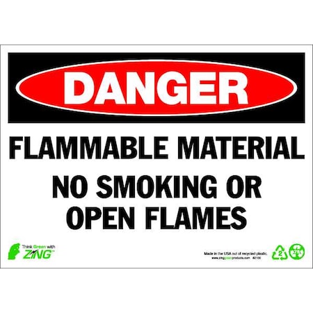 Zing Danger No Smoking Sign, 10" H, 14 in W, Plastic, Rectangle, English, 2100 2100