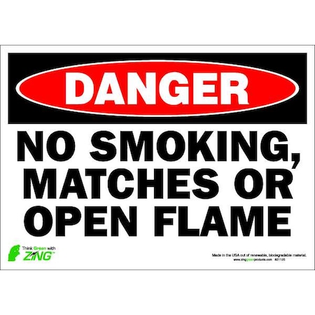 Zing Danger No Smoking Sign, 10" H, 14 in W, Polyester, Rectangle, English, 2110S 2110S