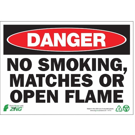 Zing Danger No Smoking Sign, 7" H, 10" W, Plastic, Rectangle, English, 1110 1110