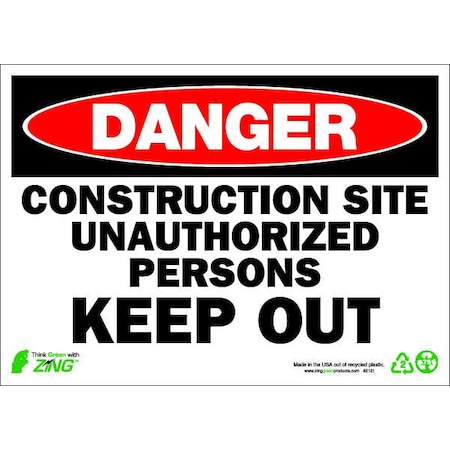 Zing Danger Sign, 10 in Height, 14 in Width, Plastic, Rectangle, English 2121